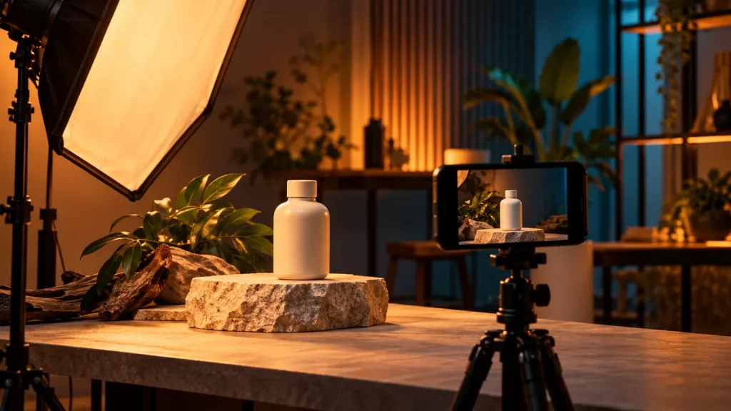 Cara buat video iklan produk: botol contoh dirakam menggunakan telefon dalam studio