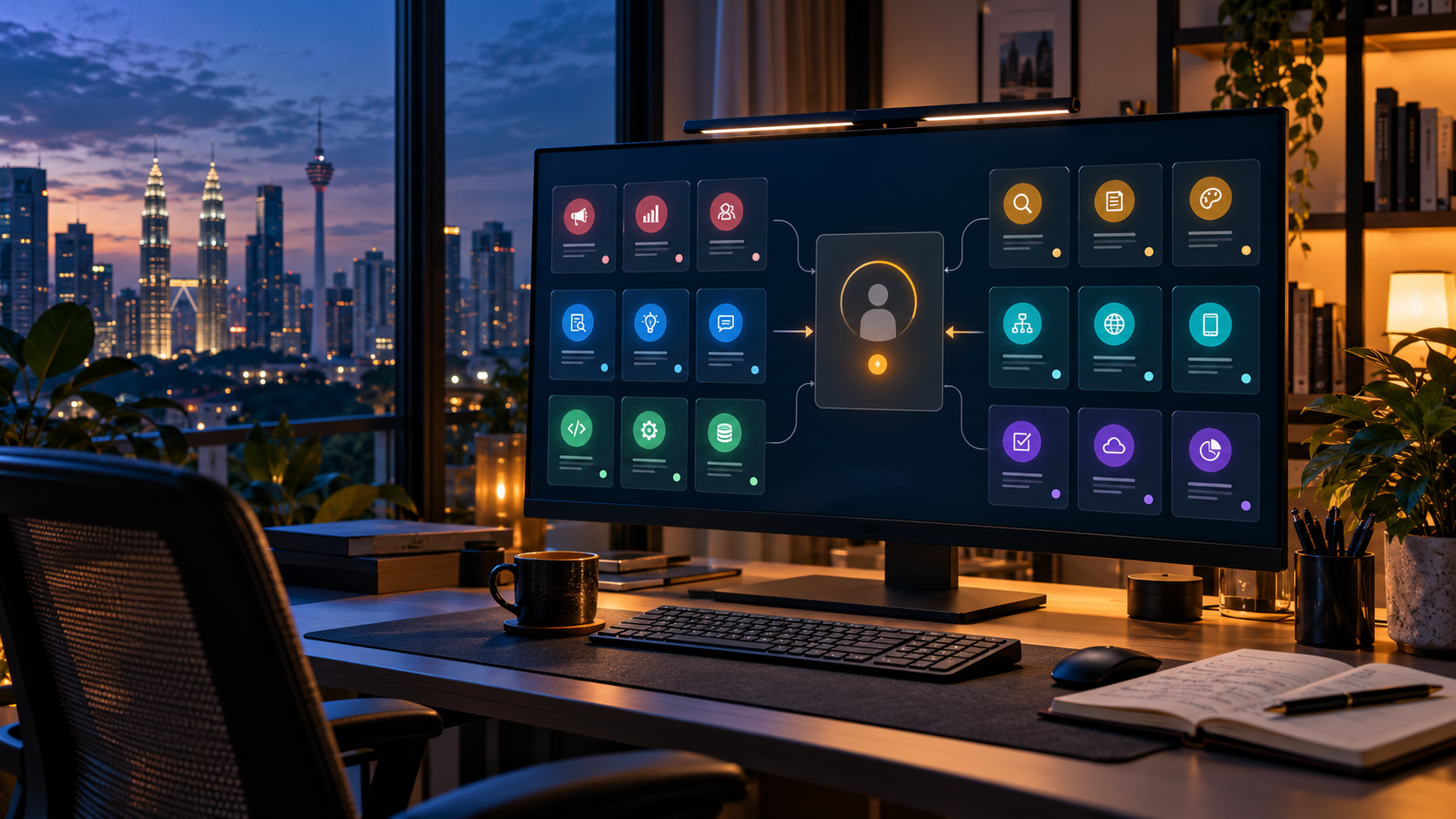 Saya Rancang Syarikat Dengan 12 Pekerja AI — Bolehkah Mereka Bekerja? Ilustrasi pejabat AI agents Malaysia dengan dashboard aliran kerja dan kelulusan manusia untuk automasi bisnes.