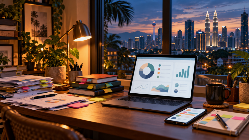 Ilustrasi sistem pengurusan bisnes dengan laptop, dashboard operasi dan dokumen beberapa jenama.