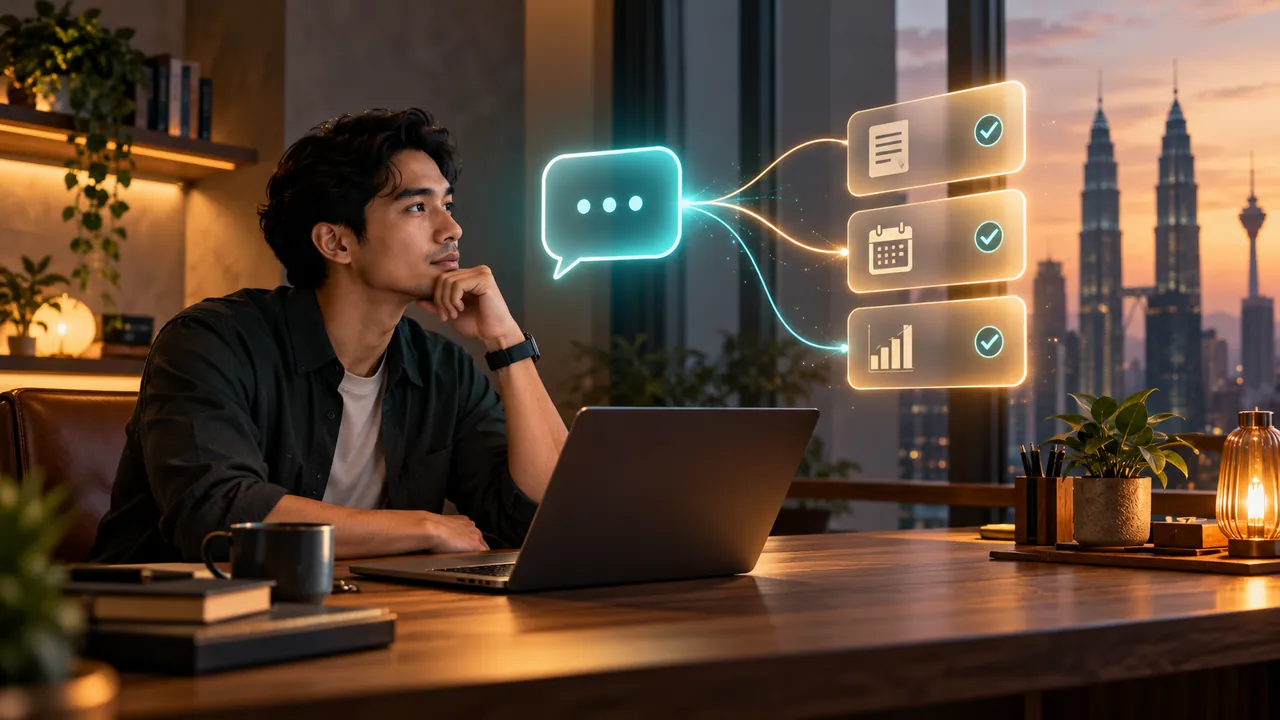 Ilustrasi profesional Malaysia dengan laptop dan kad tugasan bercahaya, menggambarkan peralihan chatbot kepada AI agent.