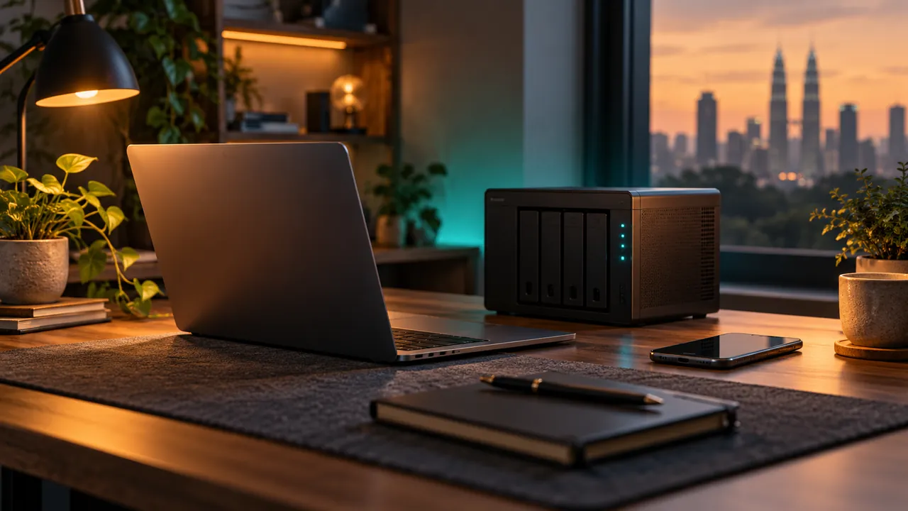 Laptop, server kecil dan telefon di meja kerja sebagai ilustrasi persediaan setup Hermes Agent.