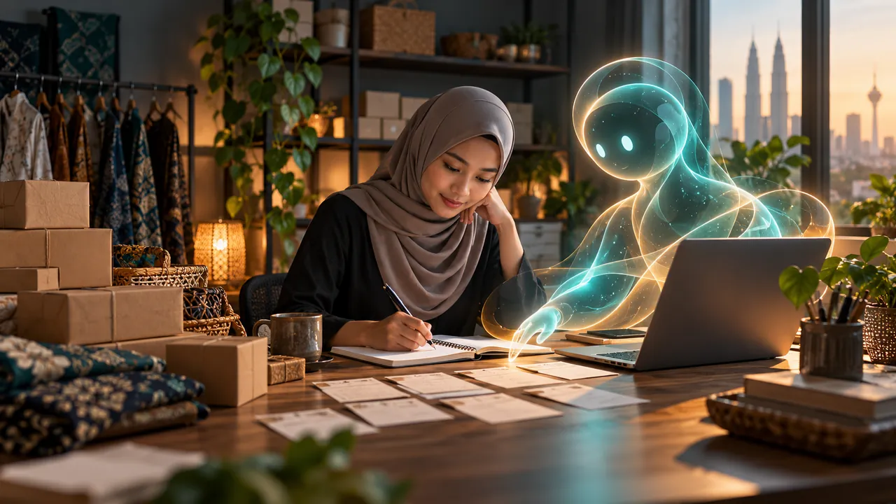 Ilustrasi pemilik bisnes kecil menyusun nota pesanan bersama pembantu AI konseptual.