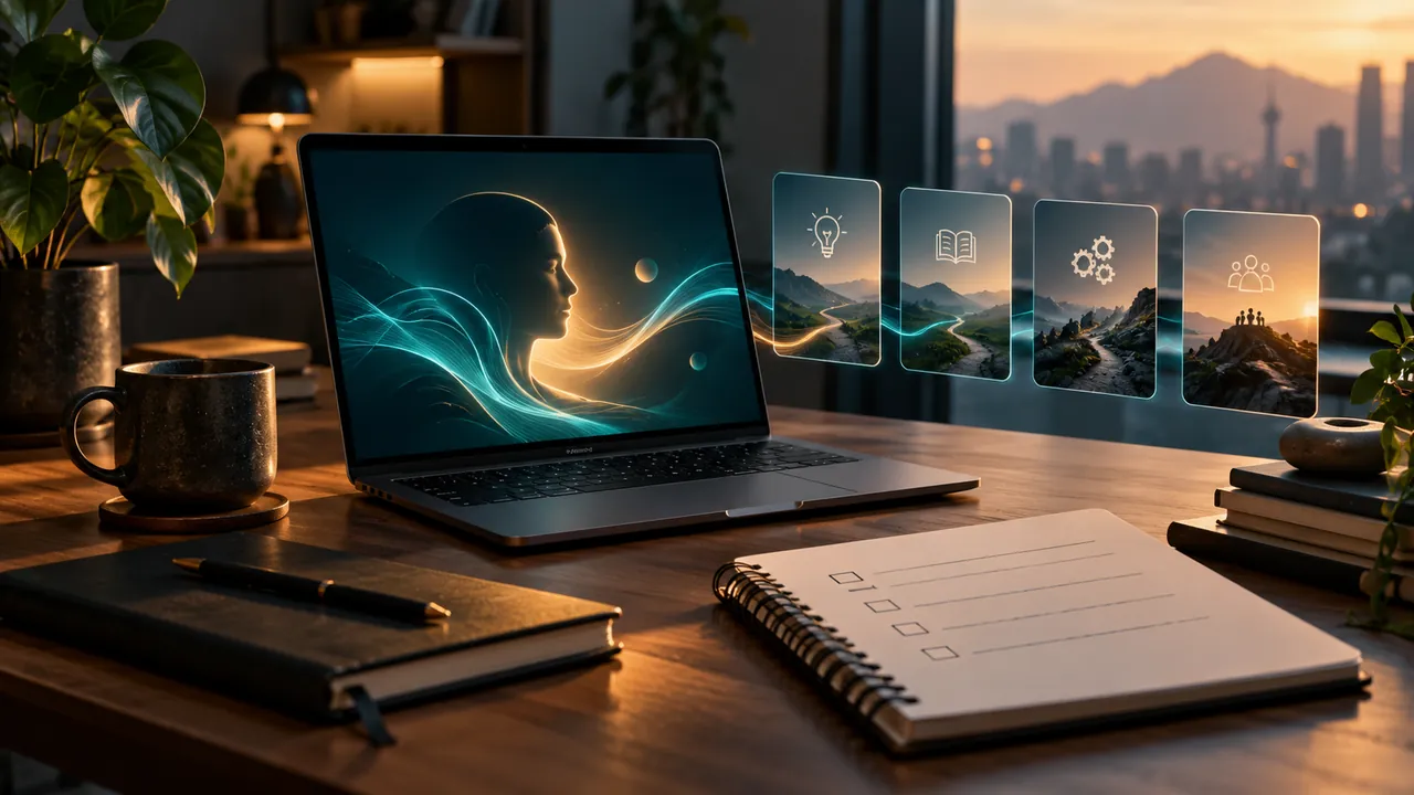 Hermes for Dummies: Apa yang Perlu Anda Semak Sebelum Membeli Panduan Ini? Ilustrasi laptop dengan bahan pembelajaran digital dan buku checklist untuk menilai panduan Hermes.